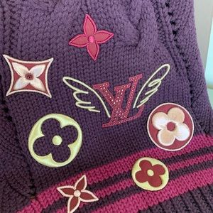 100% authentic Louis Vuitton purple wool scarf shawl embroidery LV logo new